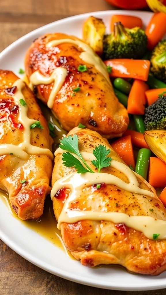 Juicy oven-baked chicken tenderloins garnished with parsley, served with roasted vegetables on a rustic table.